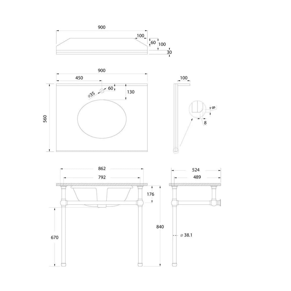 TURNER HASTINGS MAYER BASIN STAND WITH REAL CARRARA MARBLE TOP CHROME 900MM
