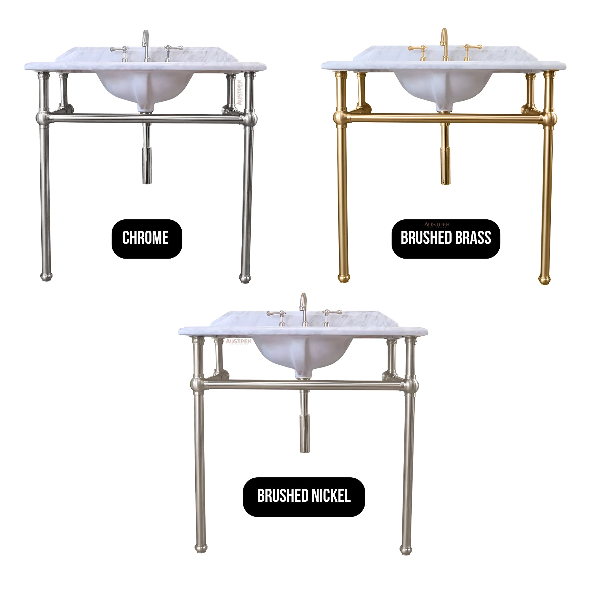 TURNER HASTINGS MAYER BASIN STAND WITH REAL CARRARA MARBLE TOP BRUSHED BRASS 900MM
