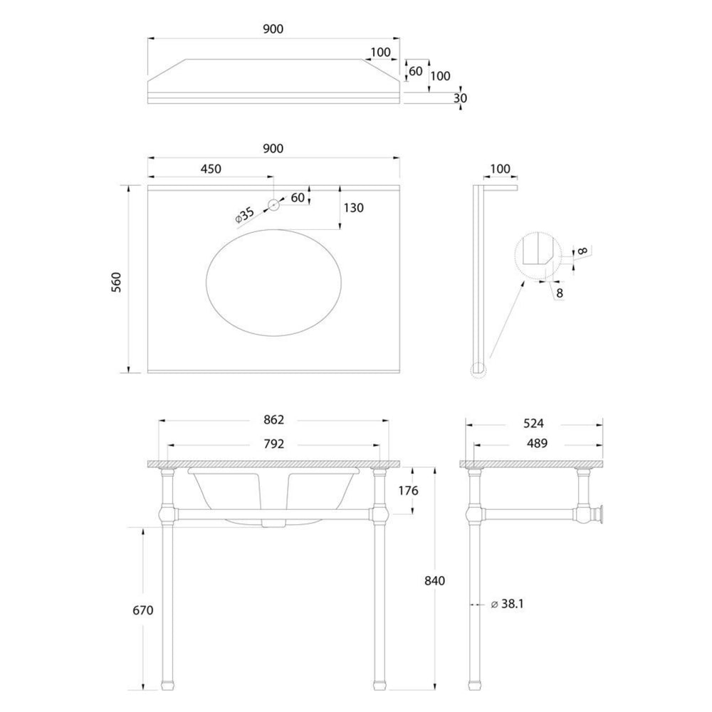 TURNER HASTINGS MAYER BASIN STAND WITH REAL CARRARA MARBLE TOP BRUSHED BRASS 900MM