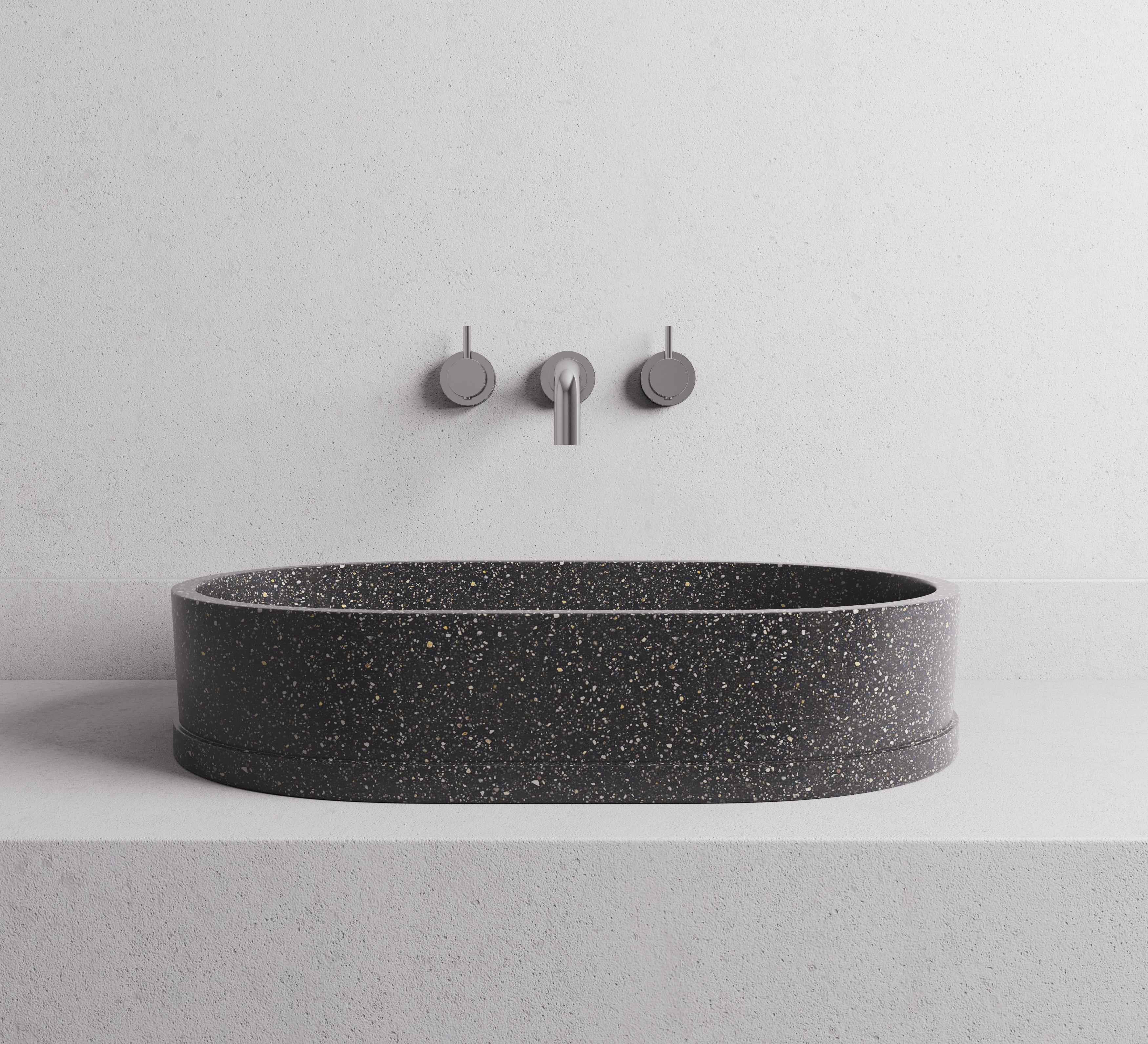 MADU MARGO OVAL ABOVE COUNTER BASIN HANDCRAFTED TERRAZO STONE PROUD EDGE BLACK 590MM