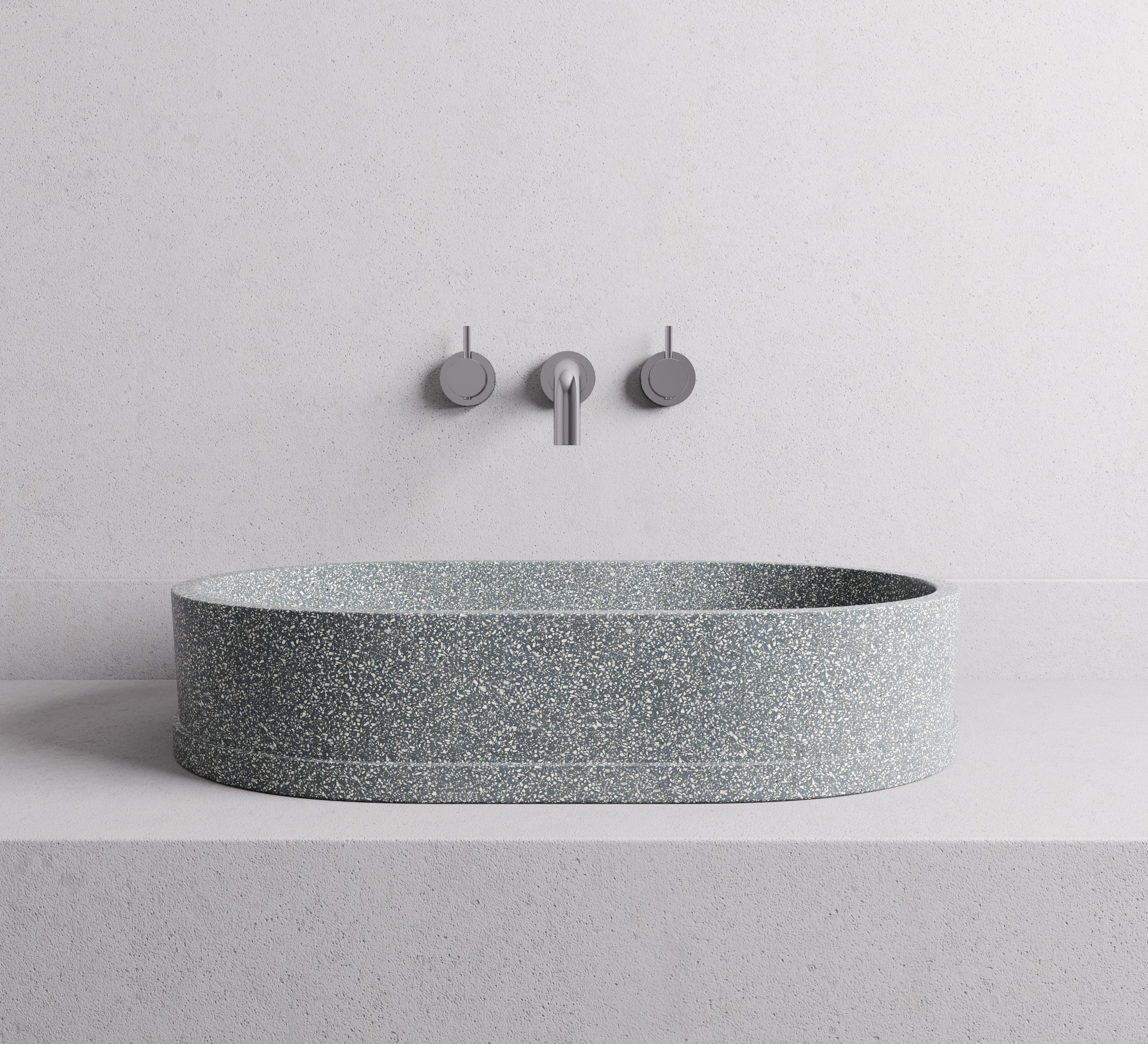 MADU MARGO OVAL ABOVE COUNTER BASIN HANDCRAFTED TERRAZO STONE PROUD EDGE GREY 590MM