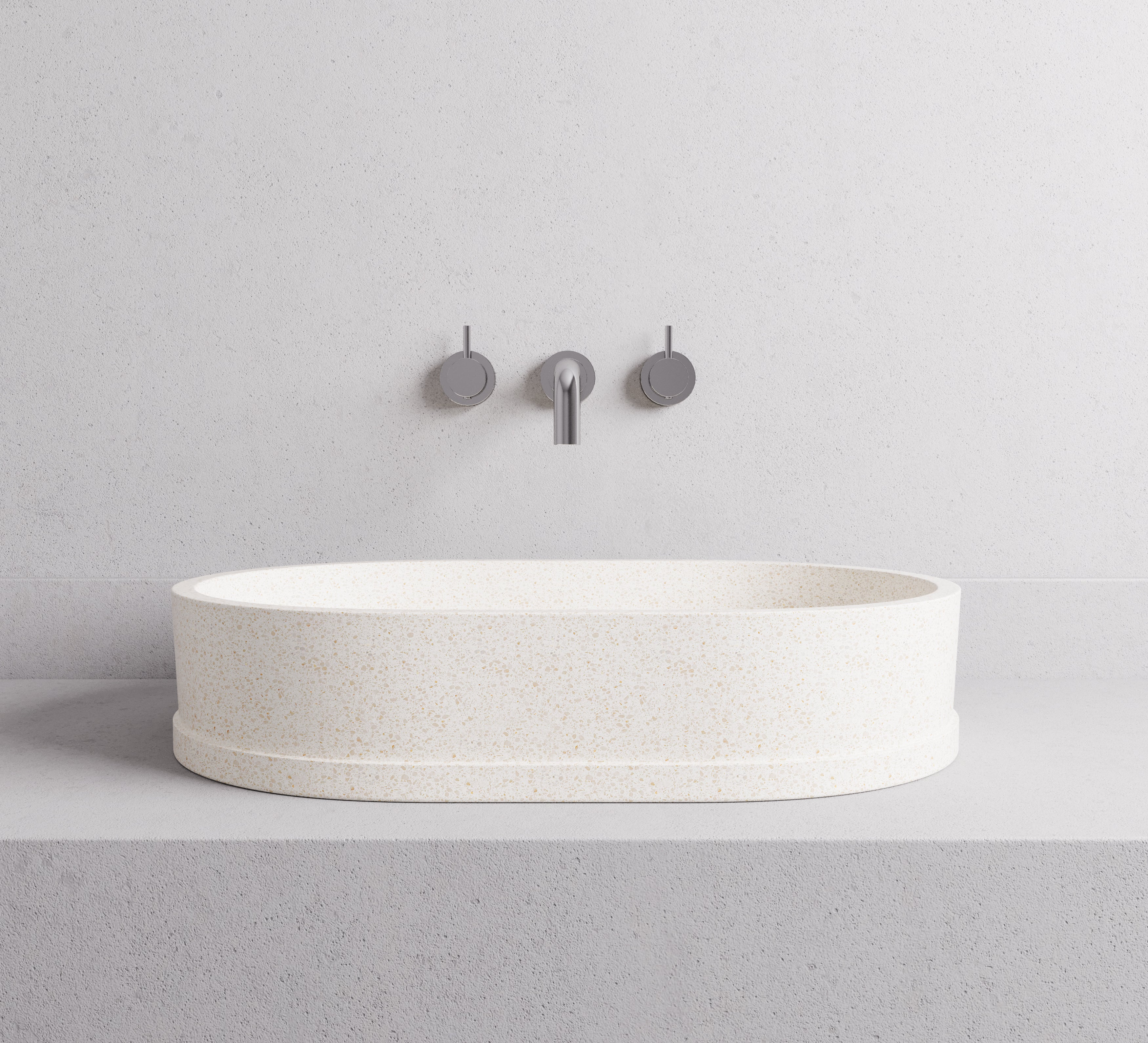 MADU MARGO OVAL ABOVE COUNTER BASIN HANDCRAFTED TERRAZO STONE PROUD EDGE WHITE 590MM