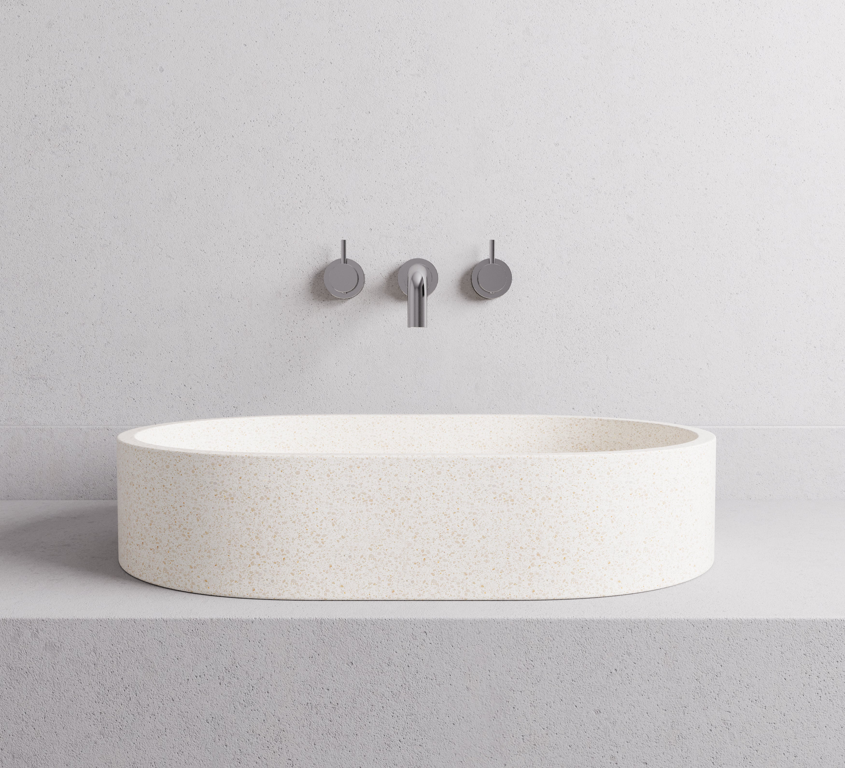 MADU MARGO OVAL ABOVE COUNTER BASIN HANDCRAFTED TERRAZO STONE SEAMLESS EDGE WHITE 590MM