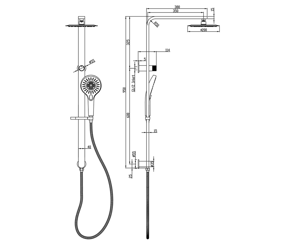 Linsol Mason Shower Combination Multifunction 200mm dimensions
