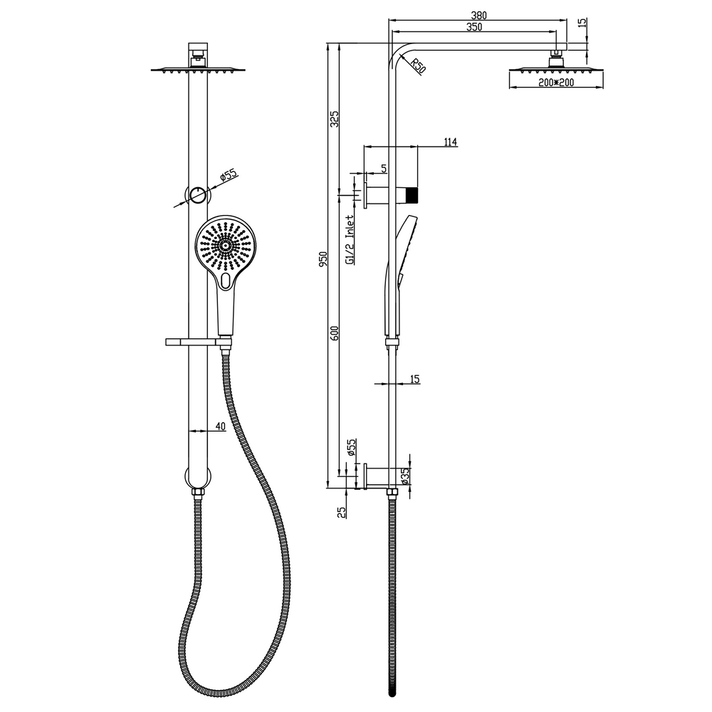 Linsol Mason Shower Combination Multifunction 200mm Square dimensions