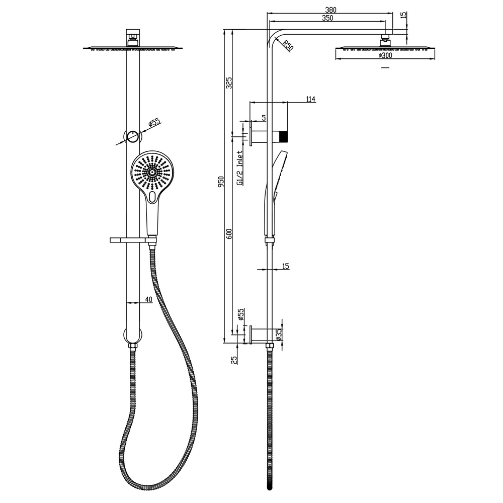 Linsol Mason Shower Combination Multifunction 300mm dimensions