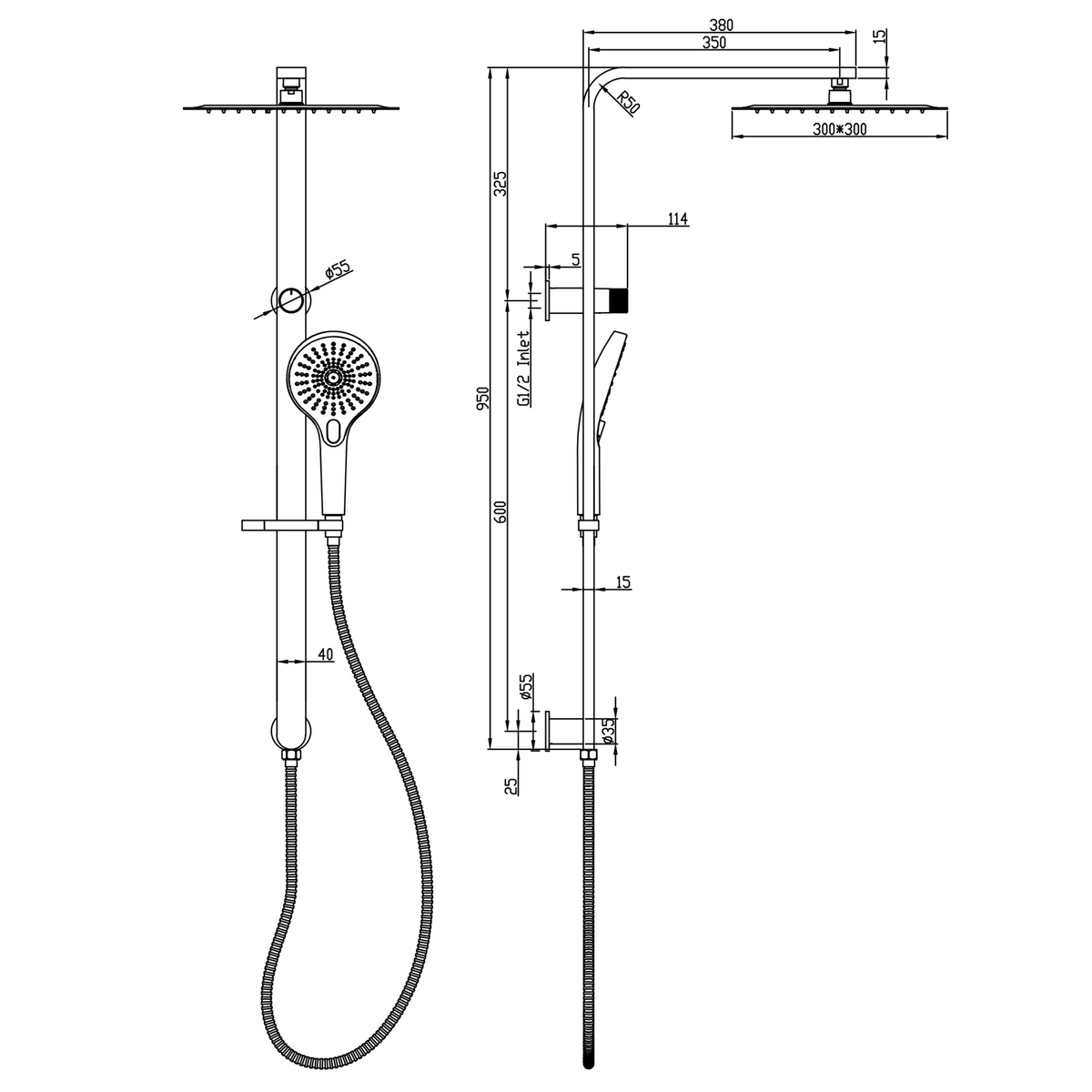 LINSOL MASON SHOWER COMBINATION 300MM SQUARE - Technical Drawing