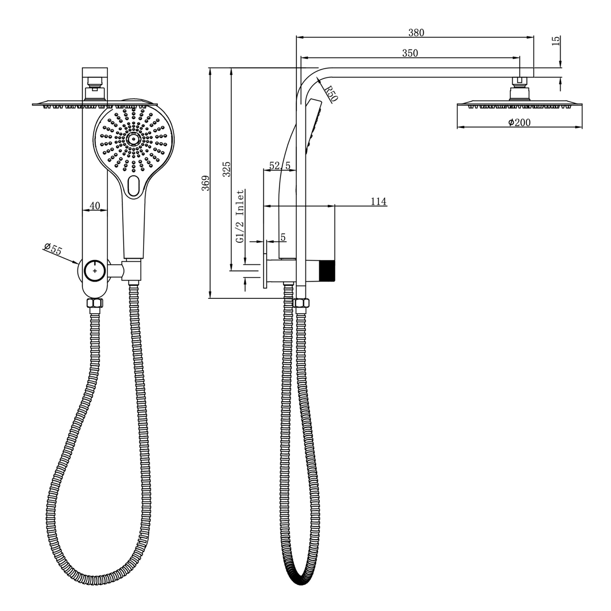 Linsol Mason Short Shower Combination Multifunction 200mm dimensions