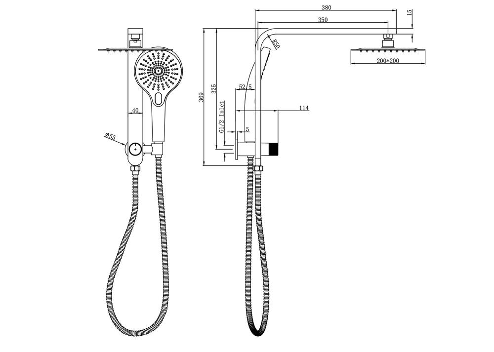 Linsol Mason Short Shower Combination Multifunction 200mm Square dimensions