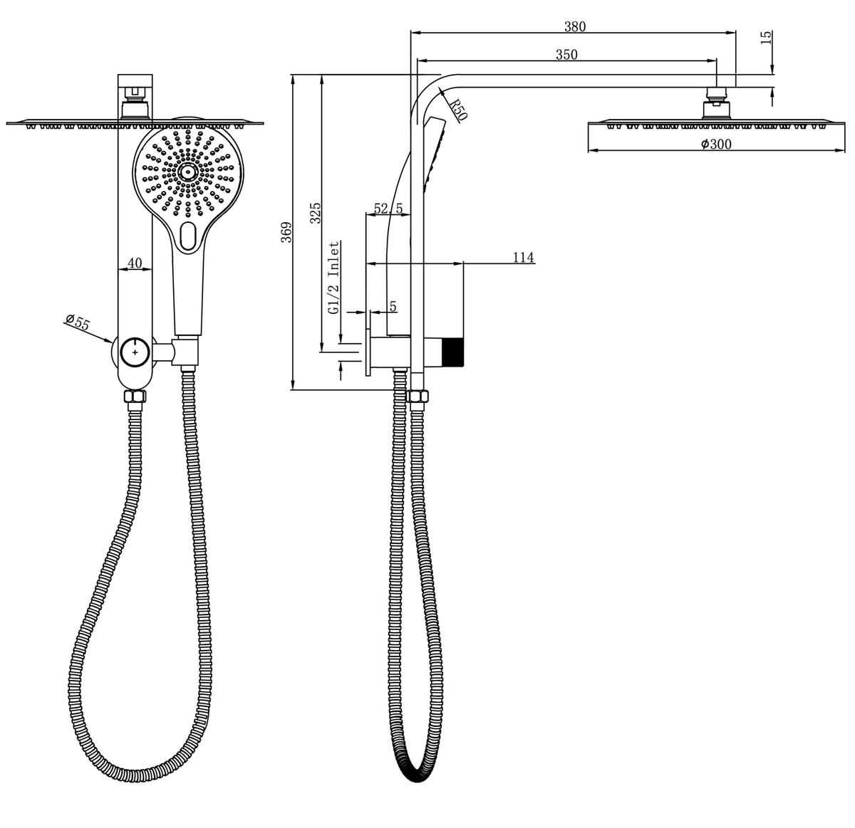 Linsol Mason Short Shower Combination Multifunction 300mm dimensions