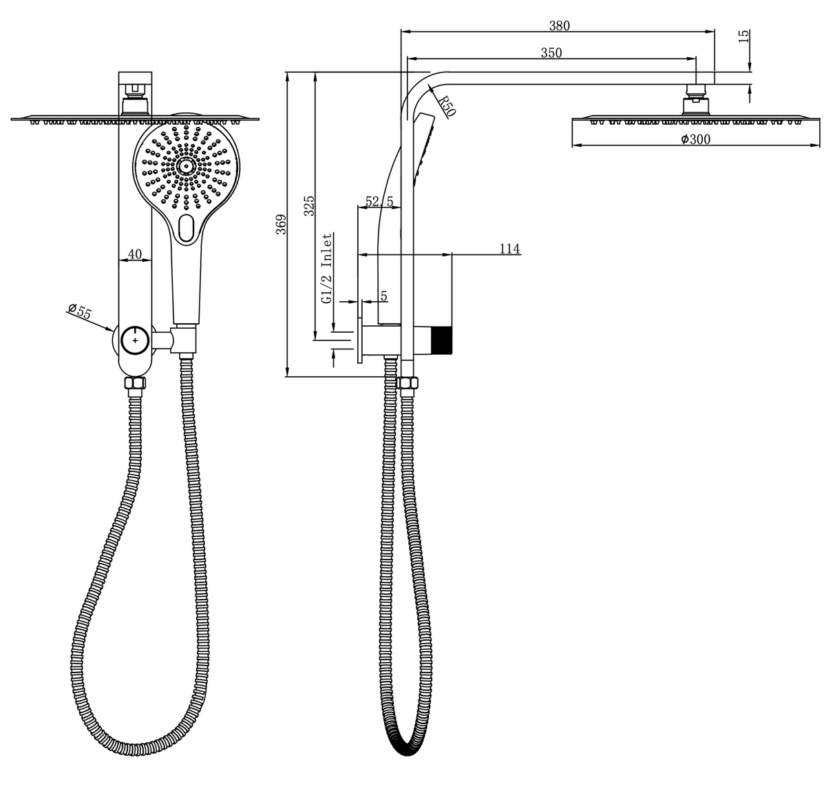 Linsol Mason Short Shower Combination Multifunction 300mm dimensions