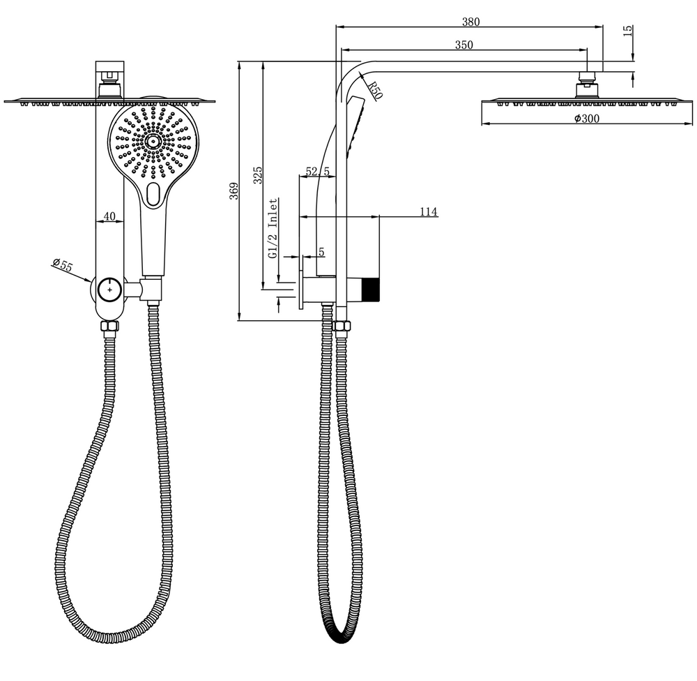 Linsol Mason Short Shower Combination Multifunction 300mm dimensions
