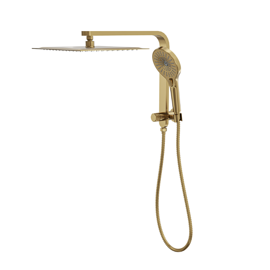 LINSOL MASON SHORT SHOWER COMBINATION AND MULTIFUNCTION HANDPIECE WITH 300MM SQUARE HEAD BRUSHED BRASS