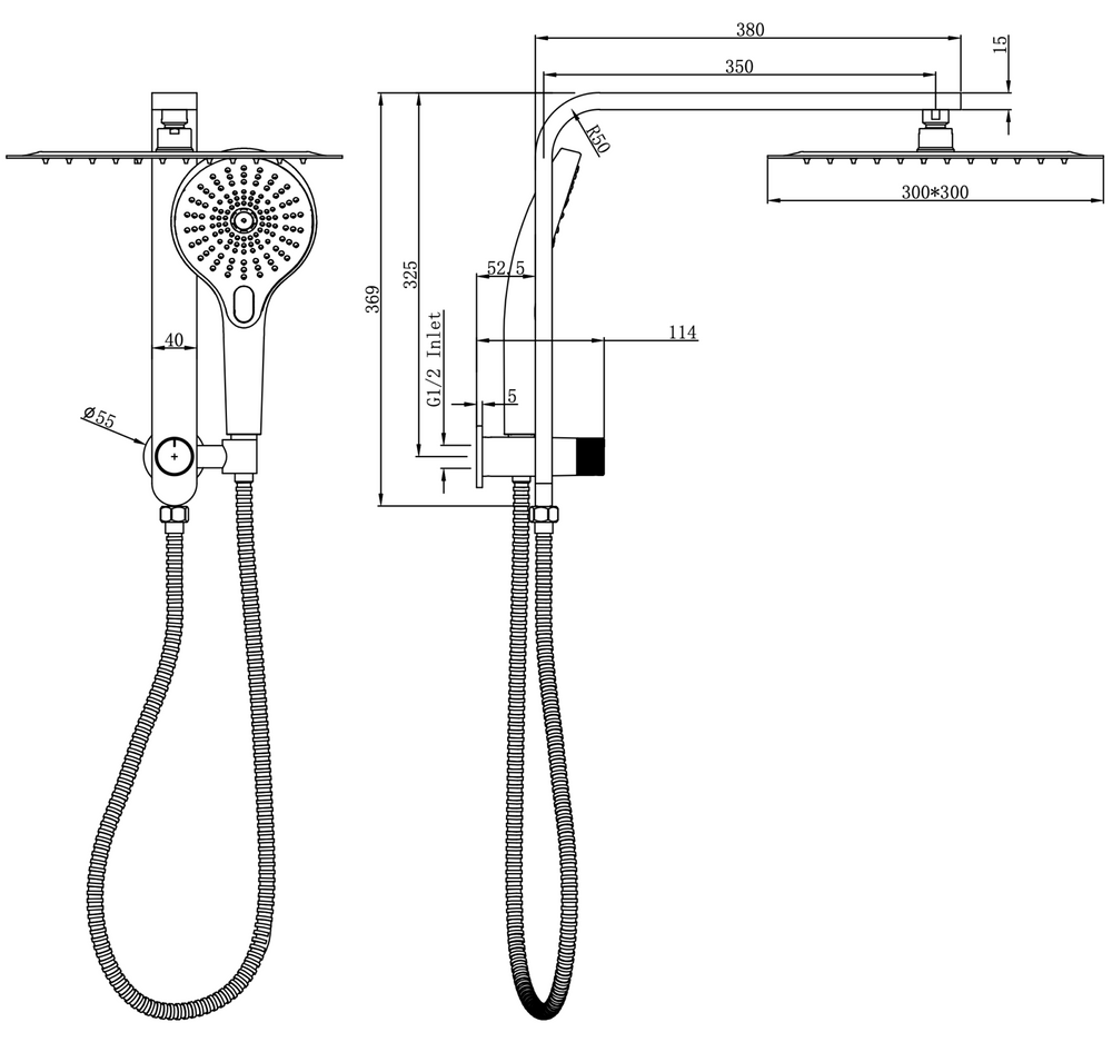 Linsol Mason Short Shower Combination Multifunction 300mm Square dimensions