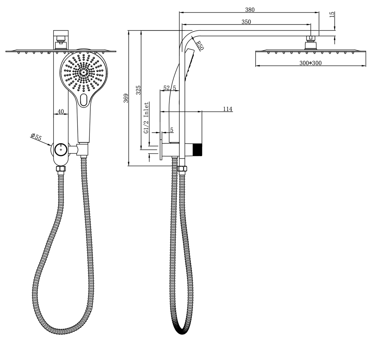 Linsol Mason Short Shower Combination Multifunction 300mm Square dimensions