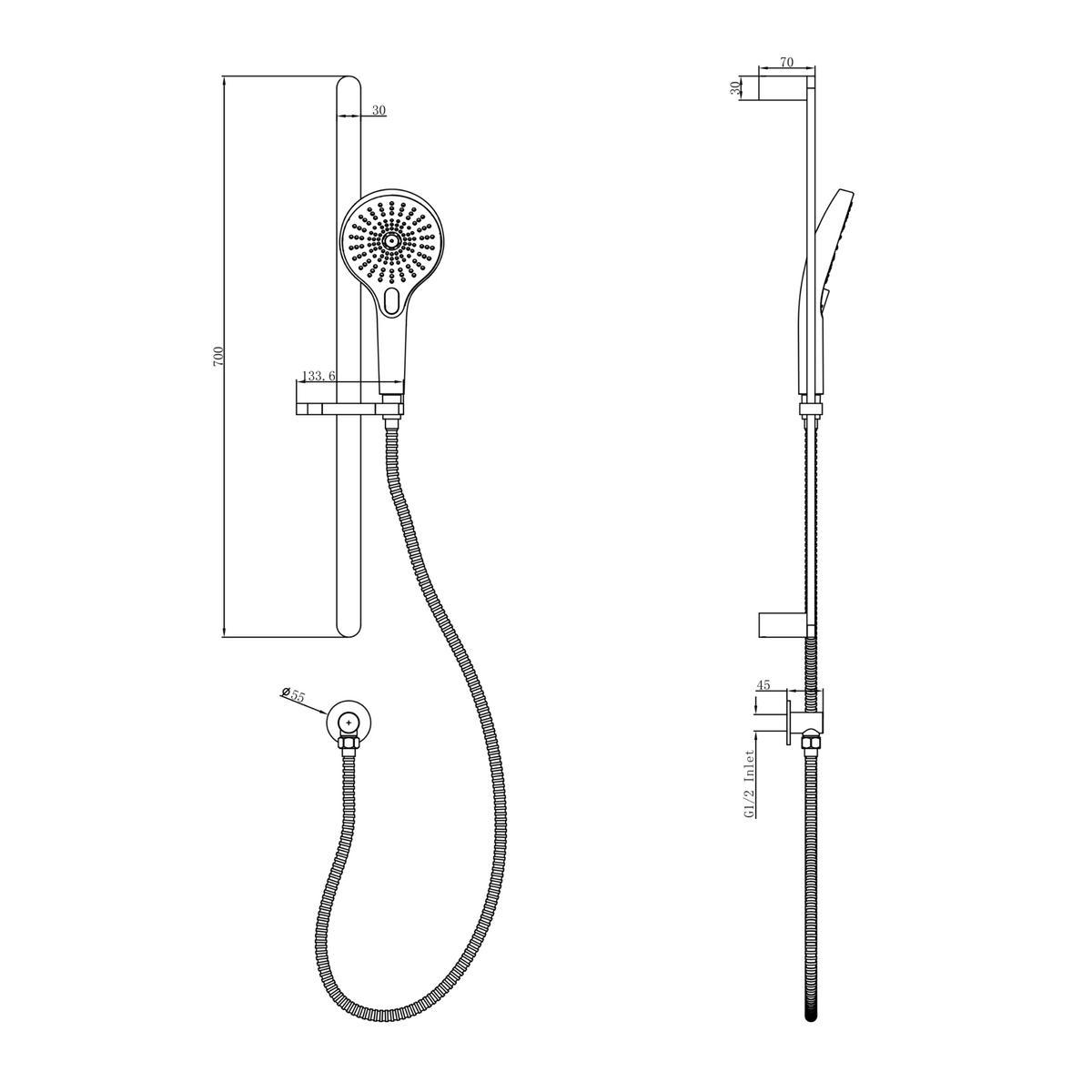 LINSOL MASON SLIDING SHOWER RAIL - Technical Drawing