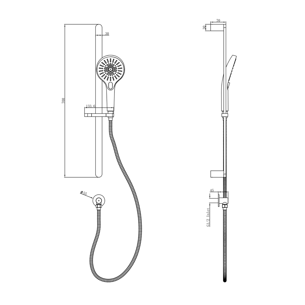 LINSOL MASON SLIDING SHOWER RAIL - Technical Drawing