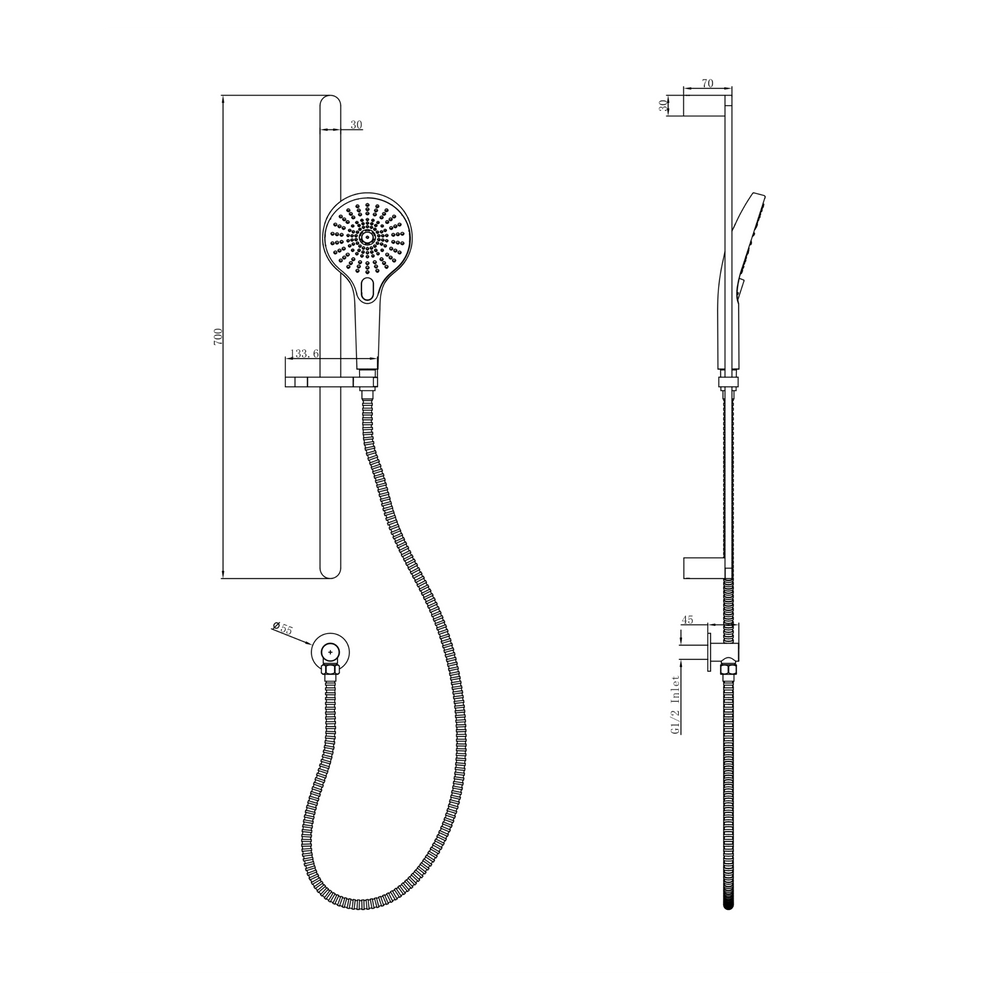 LINSOL MASON SLIDING SHOWER RAIL - Technical Drawing