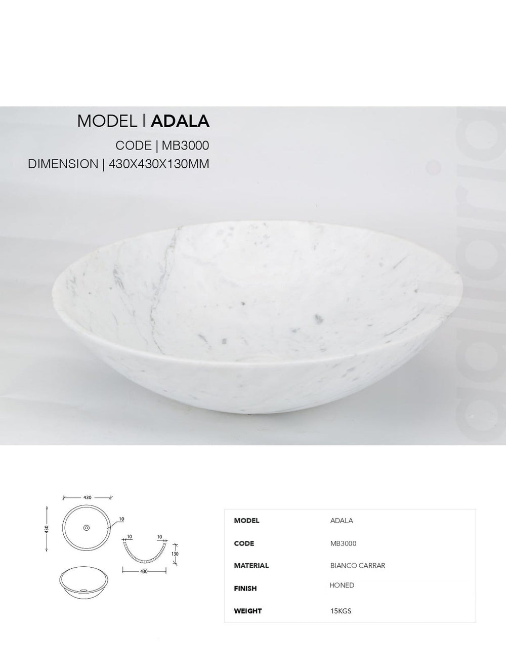 GALLARIA ADALA ROUND ABOVE COUNTER STONE BASIN BIANCO CARRARA 430MM