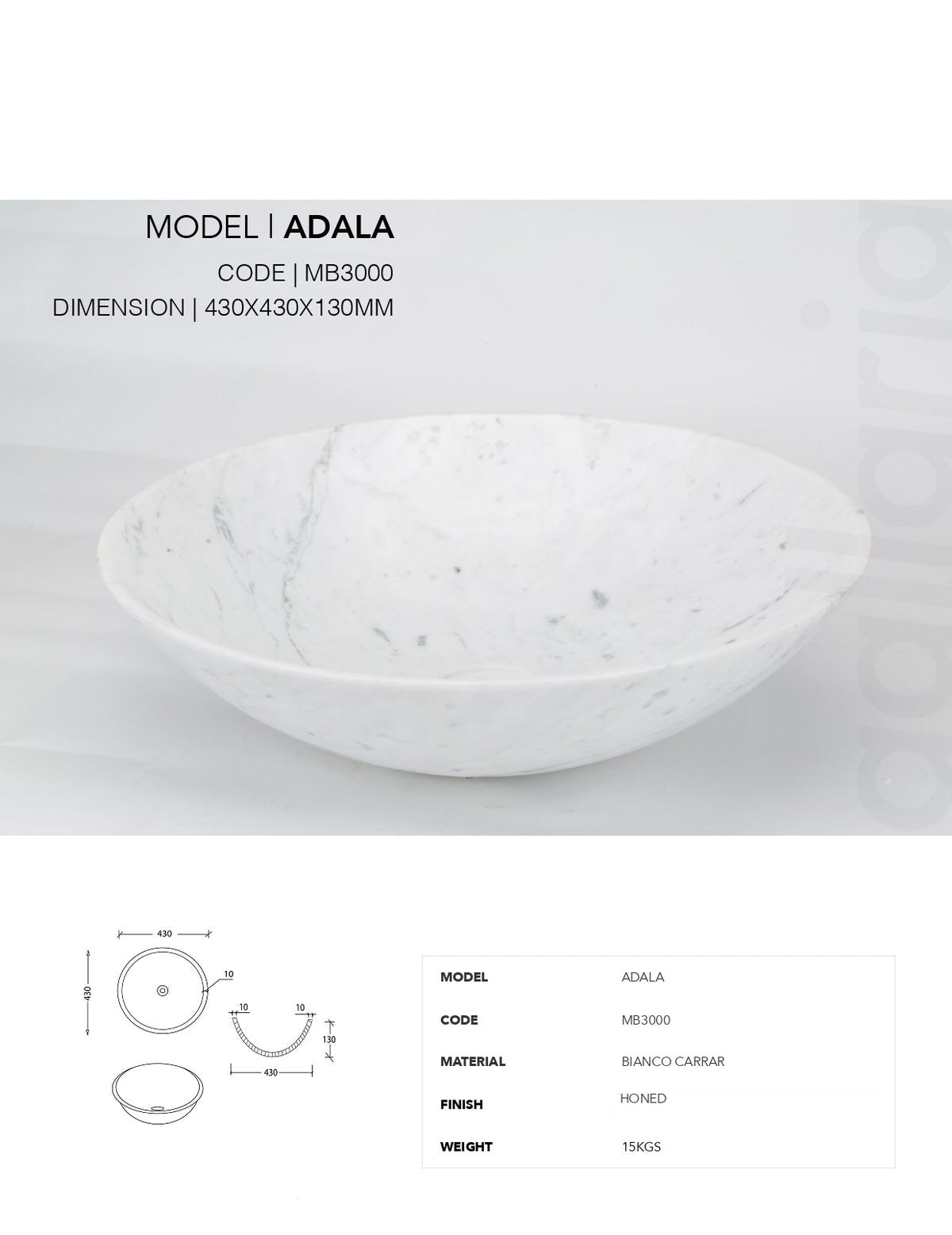 GALLARIA ADALA ROUND ABOVE COUNTER STONE BASIN BIANCO CARRARA 430MM