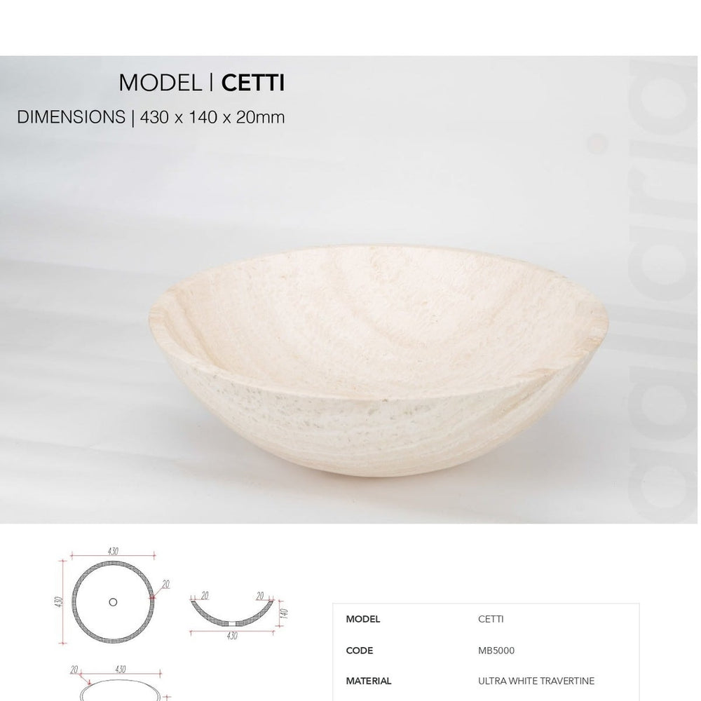 GALLARIA CETTI ROUND ABOVE COUNTER STONE BASIN ULTRA WHITE TRAVERTINE 430MM