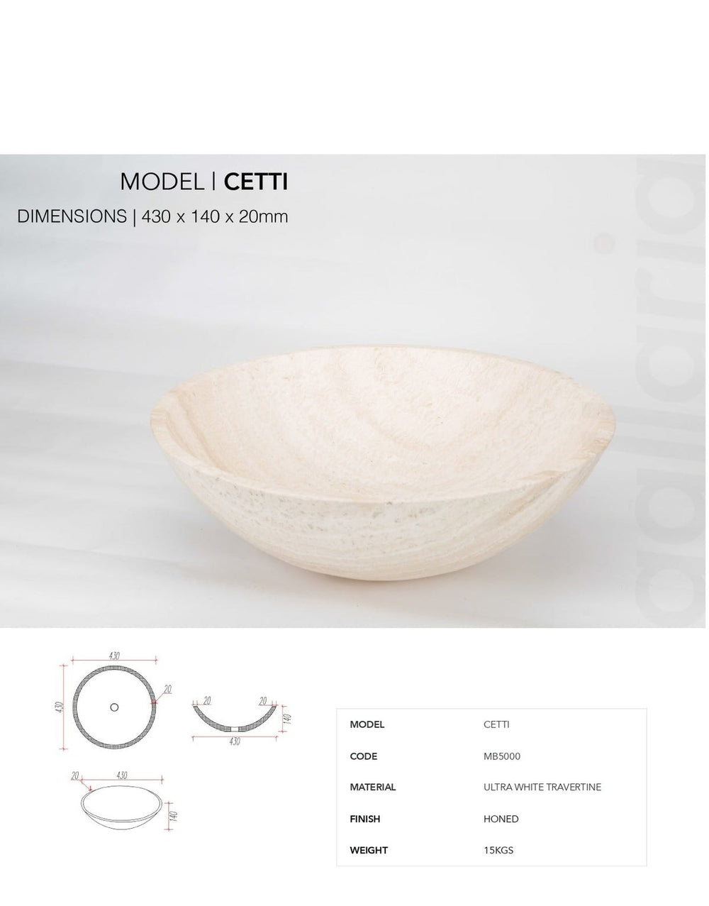GALLARIA CETTI ROUND ABOVE COUNTER STONE BASIN ULTRA WHITE TRAVERTINE 430MM