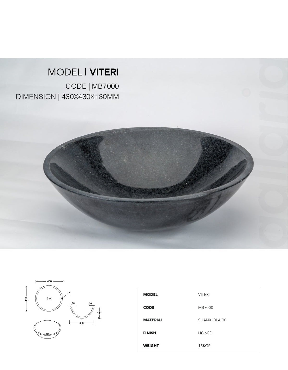 GALLARIA VITERI ROUND ABOVE COUNTER STONE BASIN SHANXI BLACK 430MM