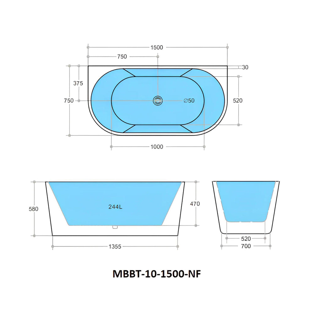 POSEIDON ELIVIA BACK TO WALL BATHTUB MATTE BLACK AND MATTE WHITE (AVAILABLE IN 1400MM, 1500MM AND 1700MM)