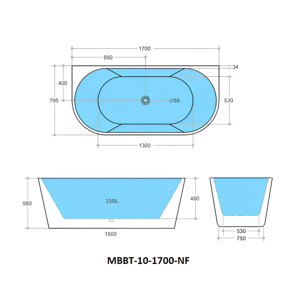 POSEIDON ELIVIA BACK TO WALL BATHTUB MATTE BLACK AND MATTE WHITE (AVAILABLE IN 1400MM, 1500MM AND 1700MM)