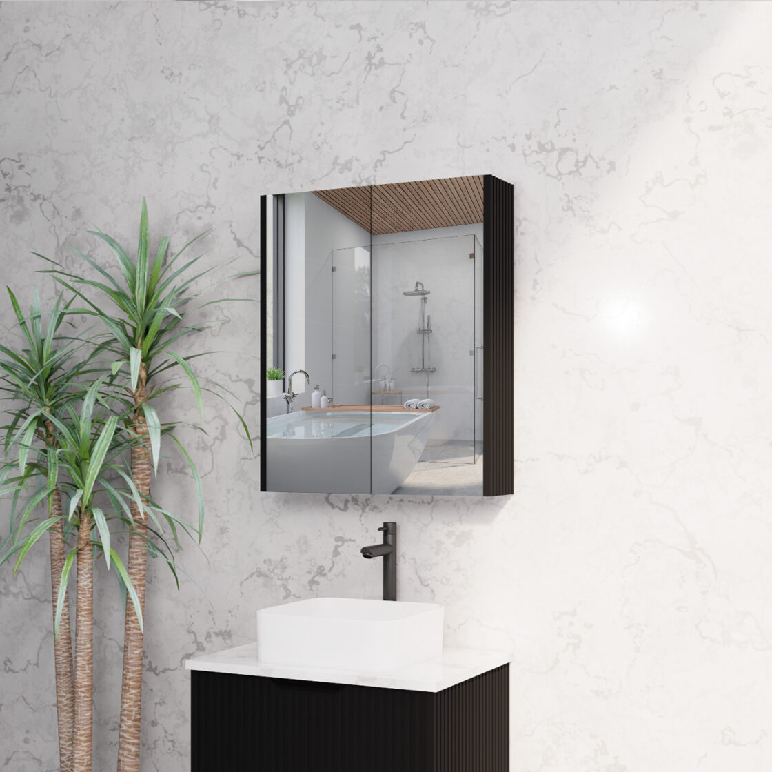 RIVA GENEVA MATTE BLACK FLUTED MIRROR CABINET 600X720MM