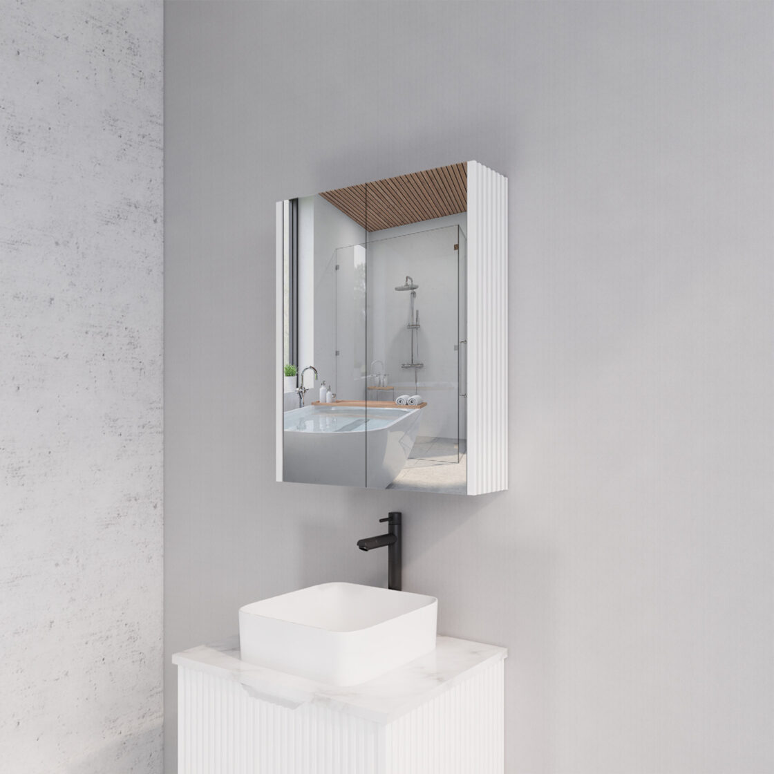RIVA GENEVA MATTE WHITE FLUTED MIRROR CABINET 600X720MM