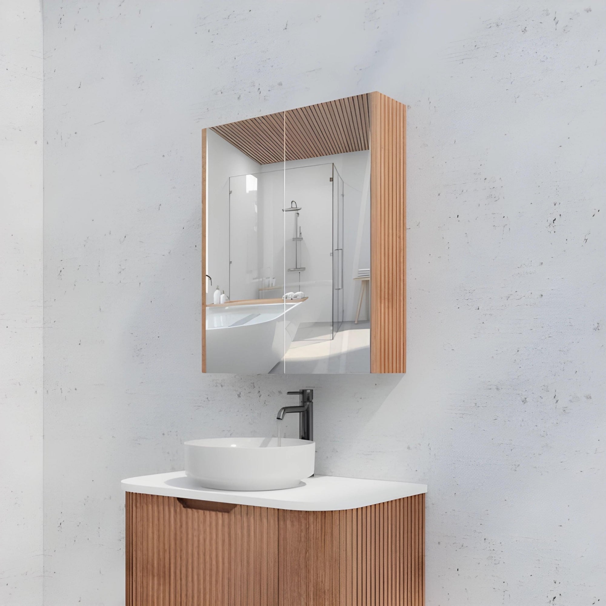 RIVA GENEVA FLUTED SOLID TIMBER MIRROR SHAVING CABINET 600X720MM