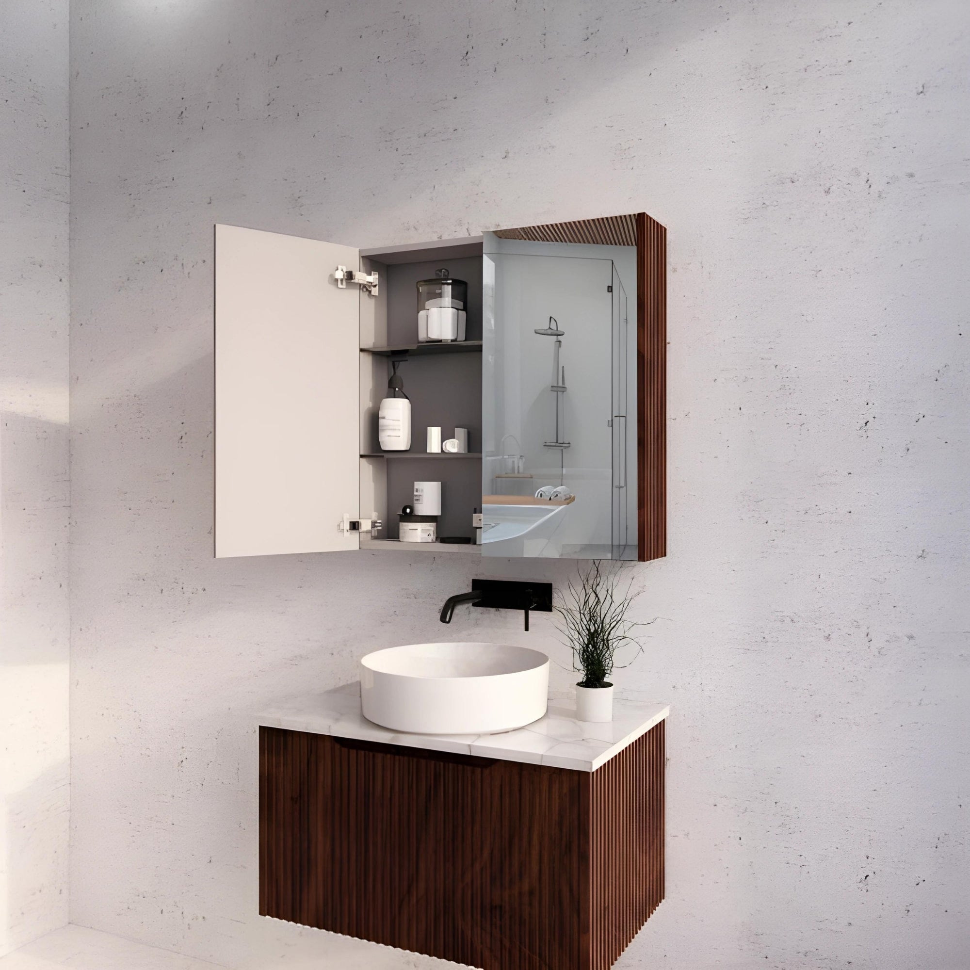 RIVA GENEVA FLUTED BROWN OAK MIRROR SHAVING CABINET 750X720MM