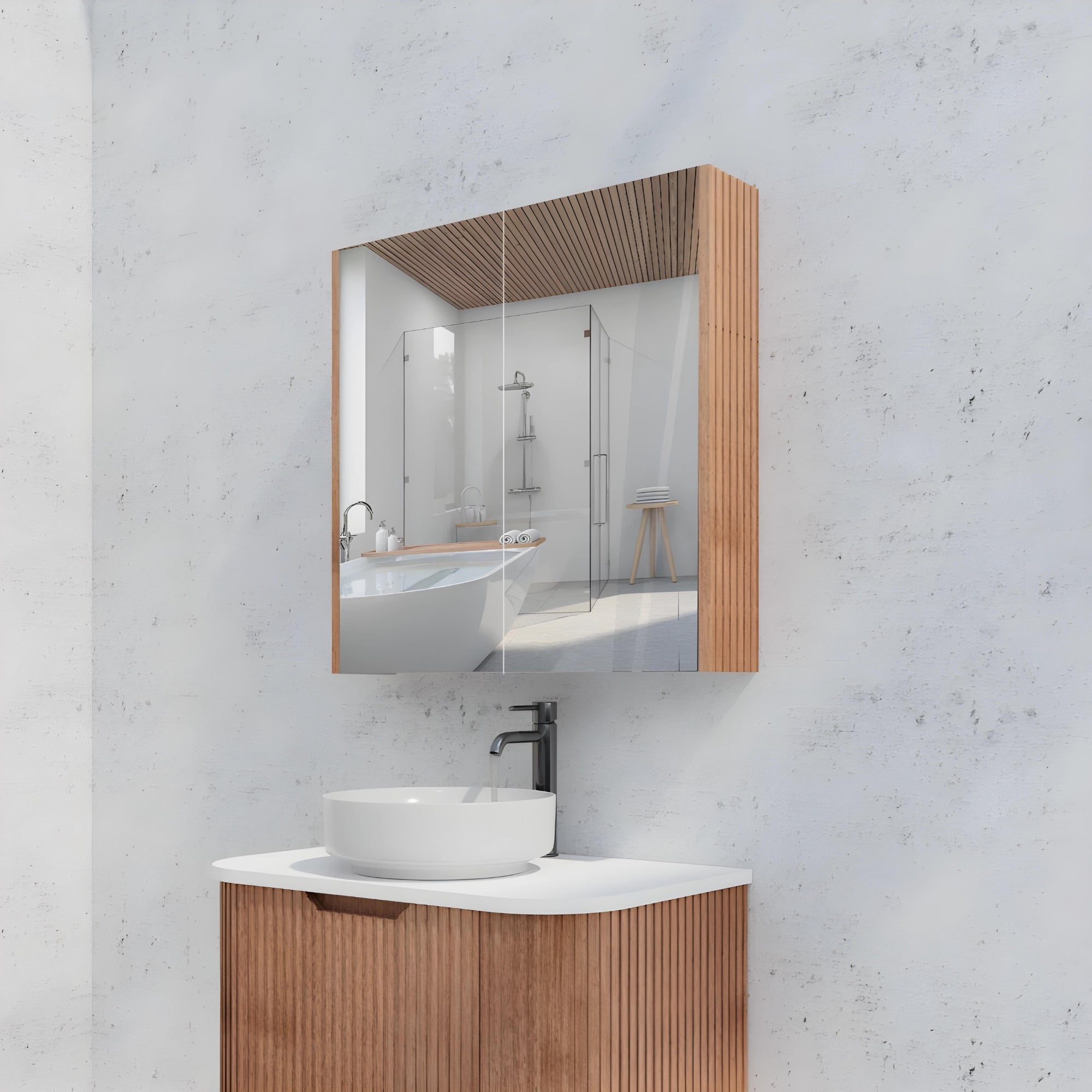 RIVA GENEVA FLUTED SOLID TIMBER MIRROR SHAVING CABINET 750X720MM