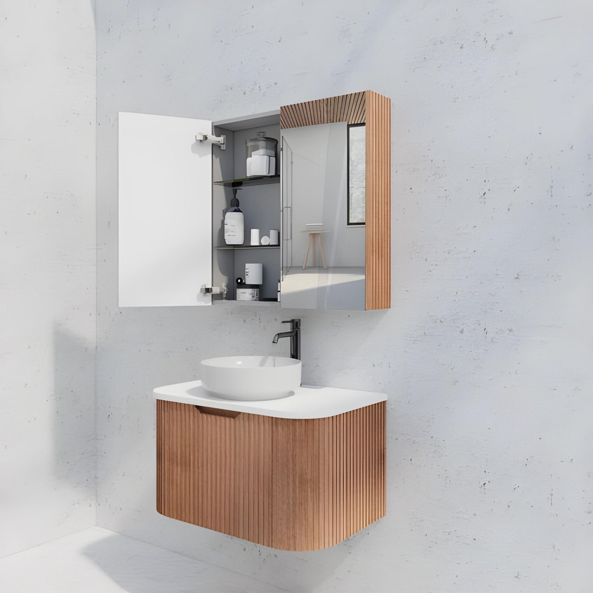 RIVA GENEVA FLUTED SOLID TIMBER MIRROR SHAVING CABINET 750X720MM