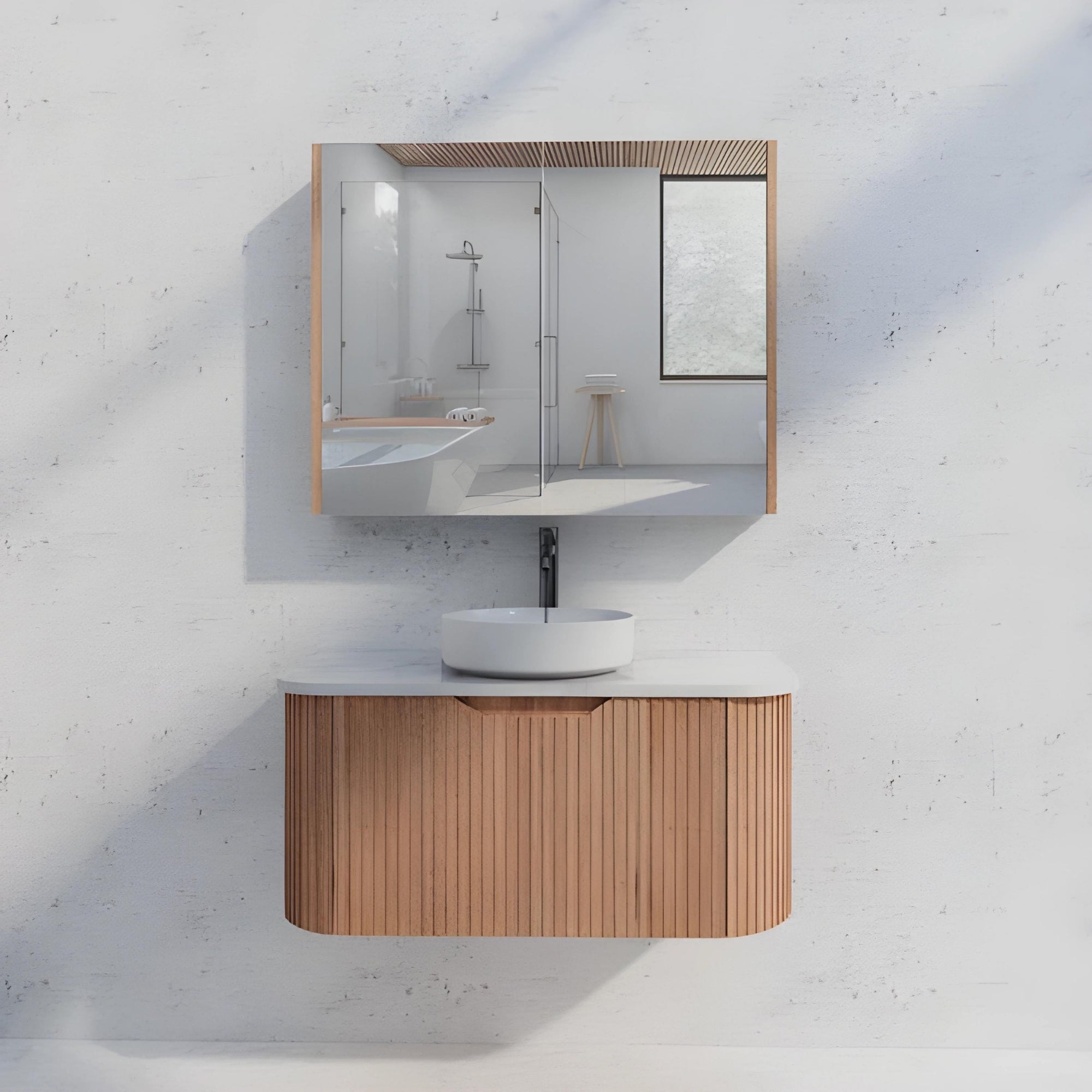 RIVA GENEVA FLUTED SOLID TIMBER MIRROR SHAVING CABINET 900X720MM