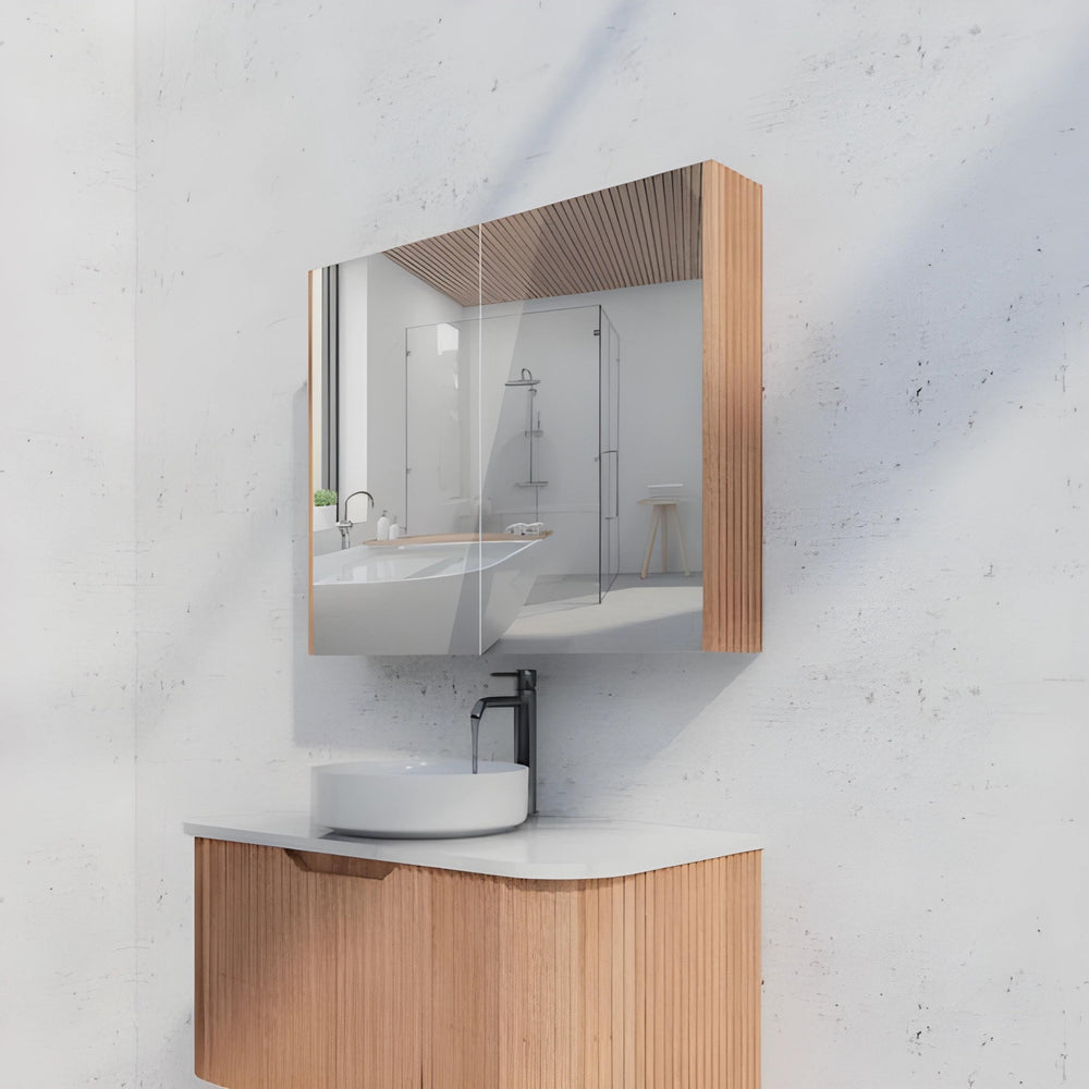 RIVA GENEVA FLUTED SOLID TIMBER MIRROR SHAVING CABINET 900X720MM