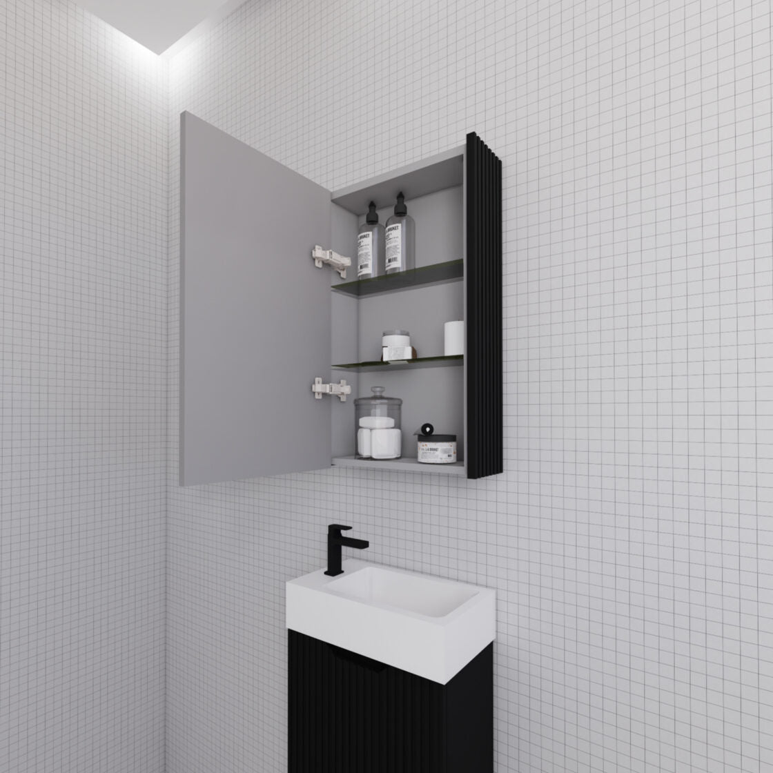 RIVA GENEVA MATTE BLACK FLUTED MIRROR CABINET 450X720MM