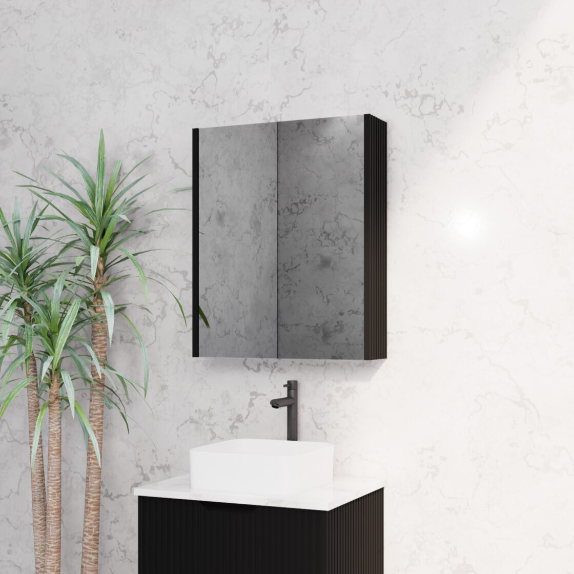 RIVA GENEVA MATTE BLACK FLUTED MIRROR CABINET 600X720MM
