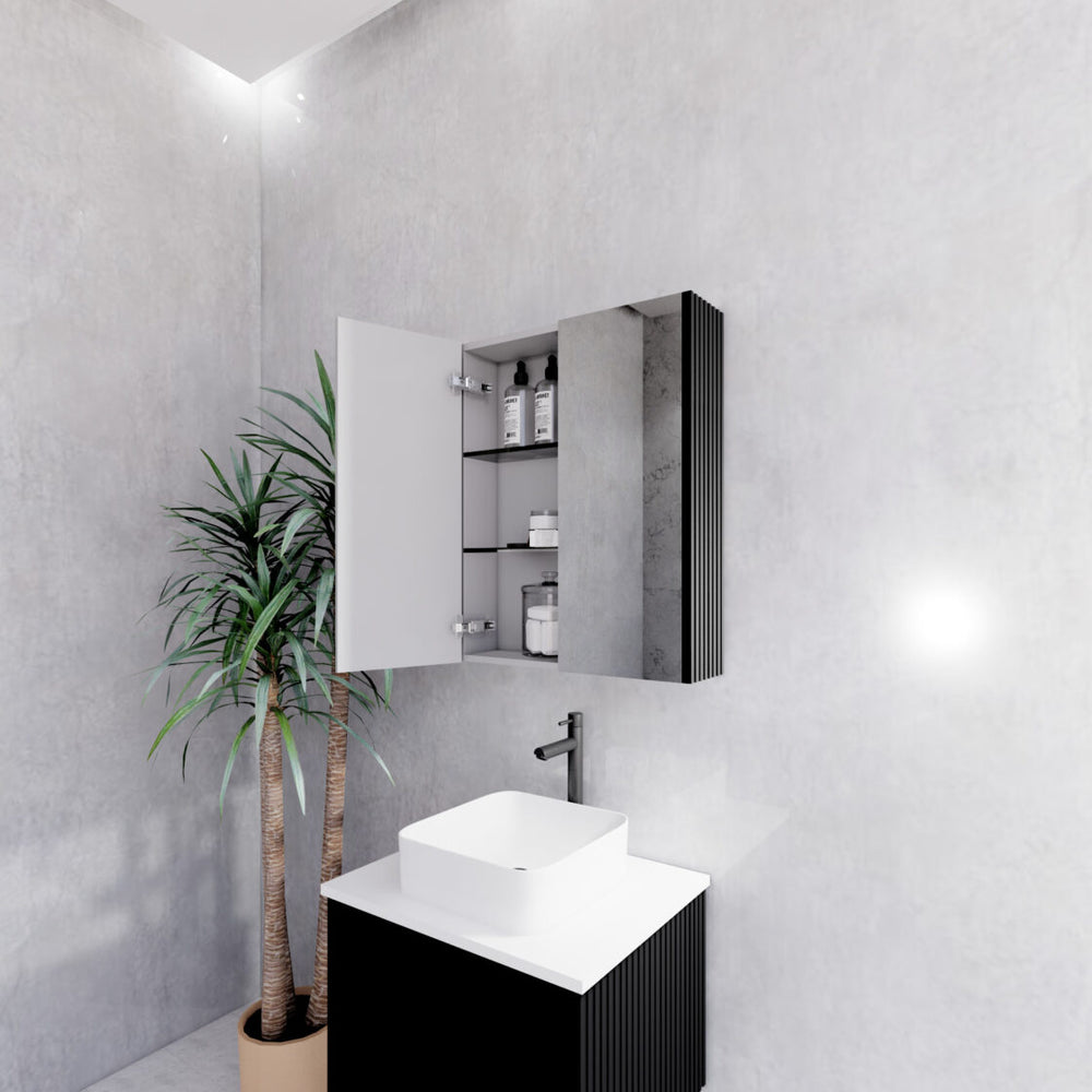 RIVA GENEVA MATTE BLACK FLUTED MIRROR CABINET 600X720MM