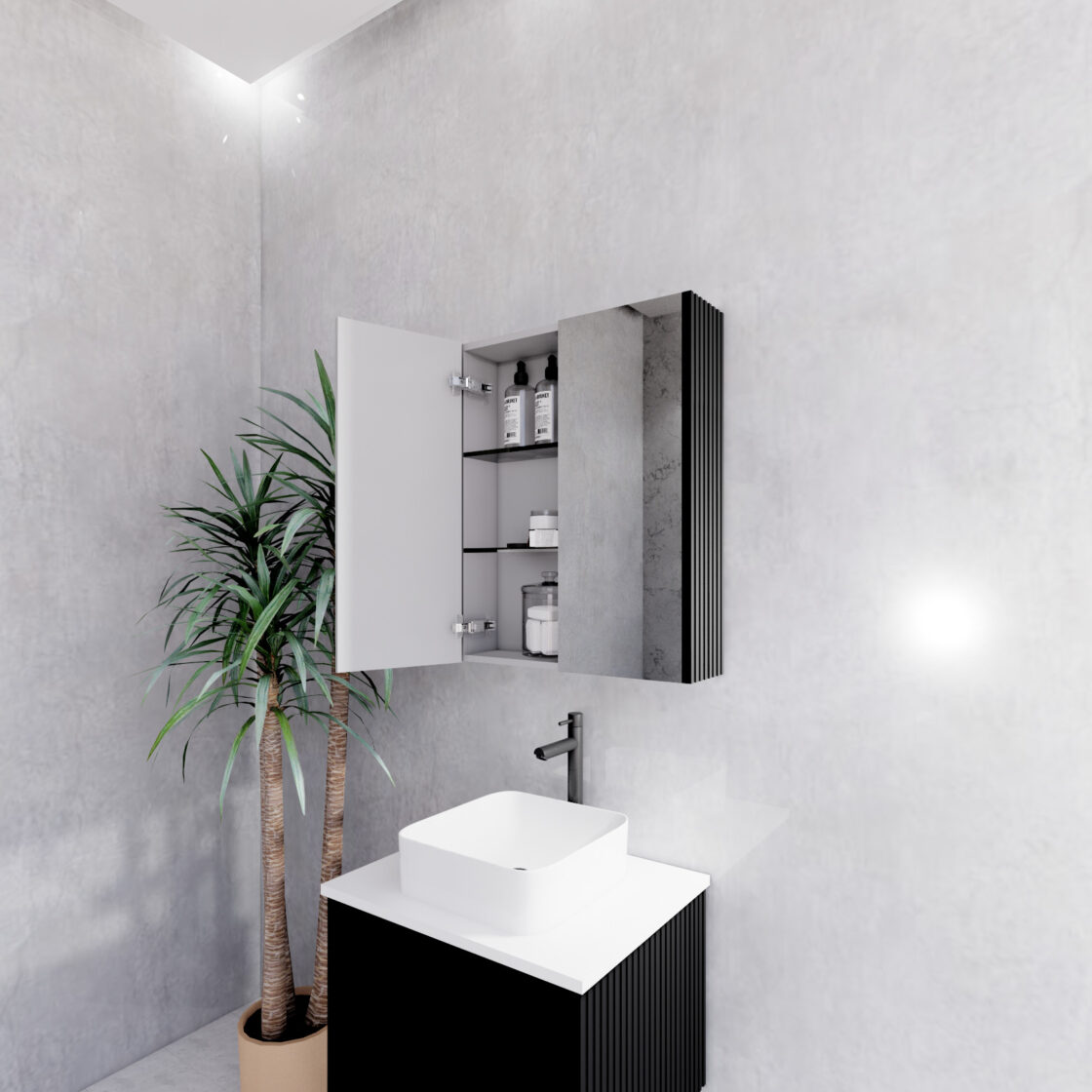 RIVA GENEVA MATTE BLACK FLUTED MIRROR CABINET 600X720MM