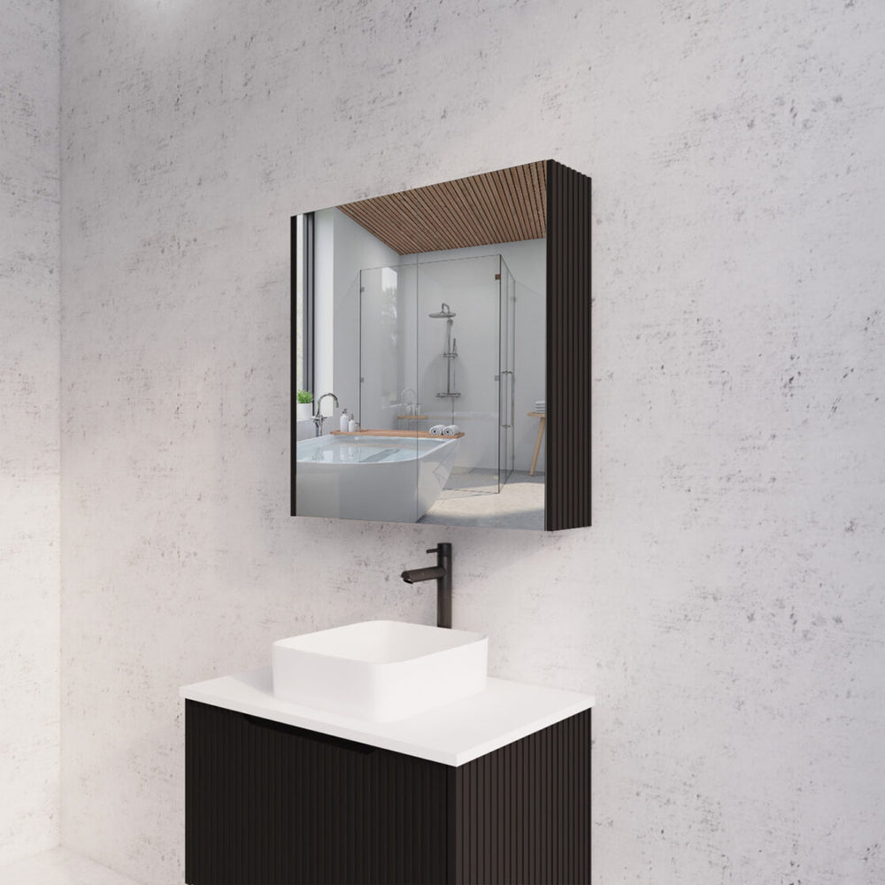 RIVA GENEVA MATTE BLACK FLUTED MIRROR CABINET 750X720MM