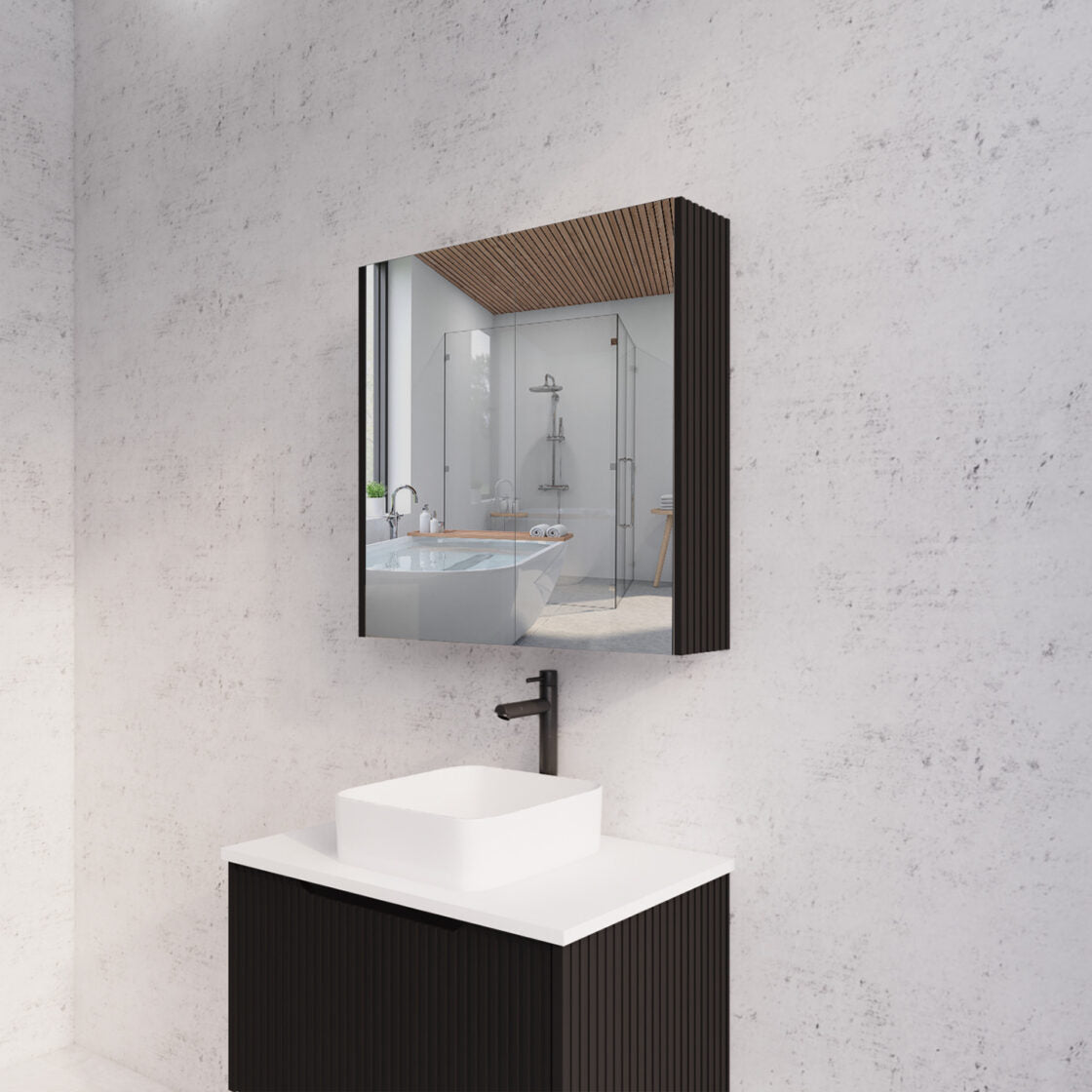 RIVA GENEVA MATTE BLACK FLUTED MIRROR CABINET 750X720MM