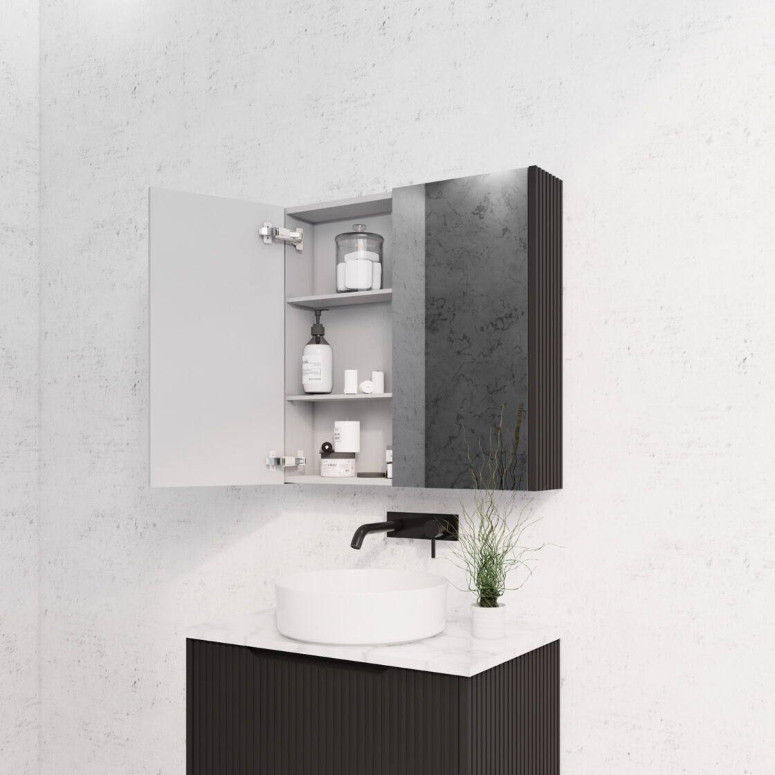 RIVA GENEVA MATTE BLACK FLUTED MIRROR CABINET 750X720MM
