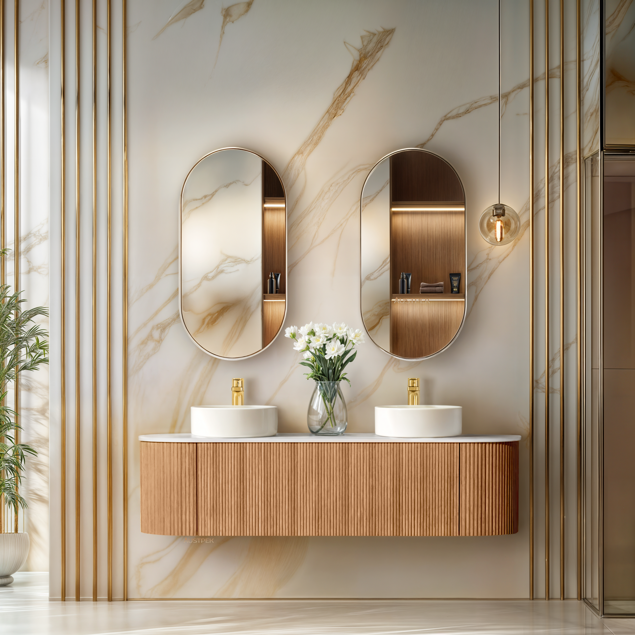 ORIO MONTEBELLO LIGHT WALNUT FLUTED 1500MM OVAL DOUBLE BOWL WALL HUNG VANITY