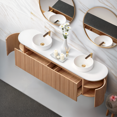 ORIO MONTEBELLO LIGHT WALNUT FLUTED 1800MM OVAL DOUBLE BOWL WALL HUNG VANITY