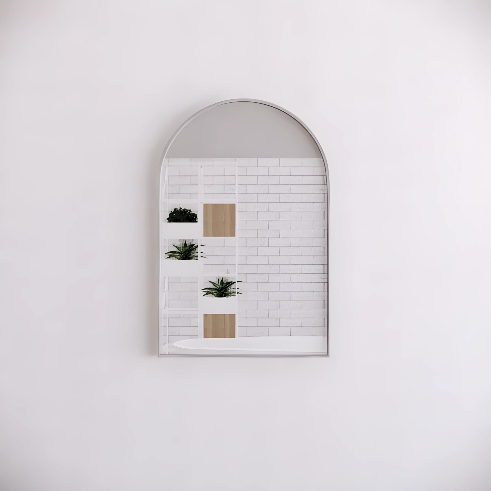 RIVA FRAMED ARCH MIRROR WALL MOUNTED BRUSHED NICKEL 600X900MM