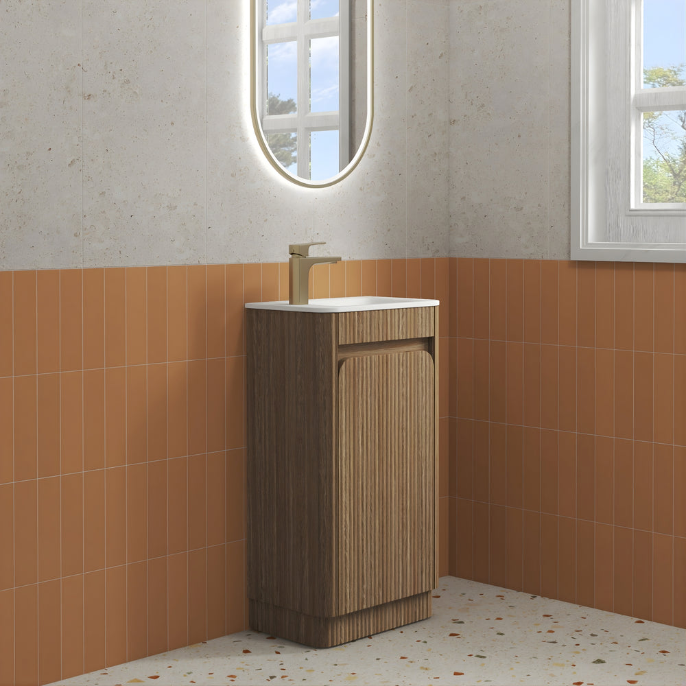 AULIC MINI HARTELLE HARVEST OAK 450MM SPACE SAVING FLOOR STANDING VANITY