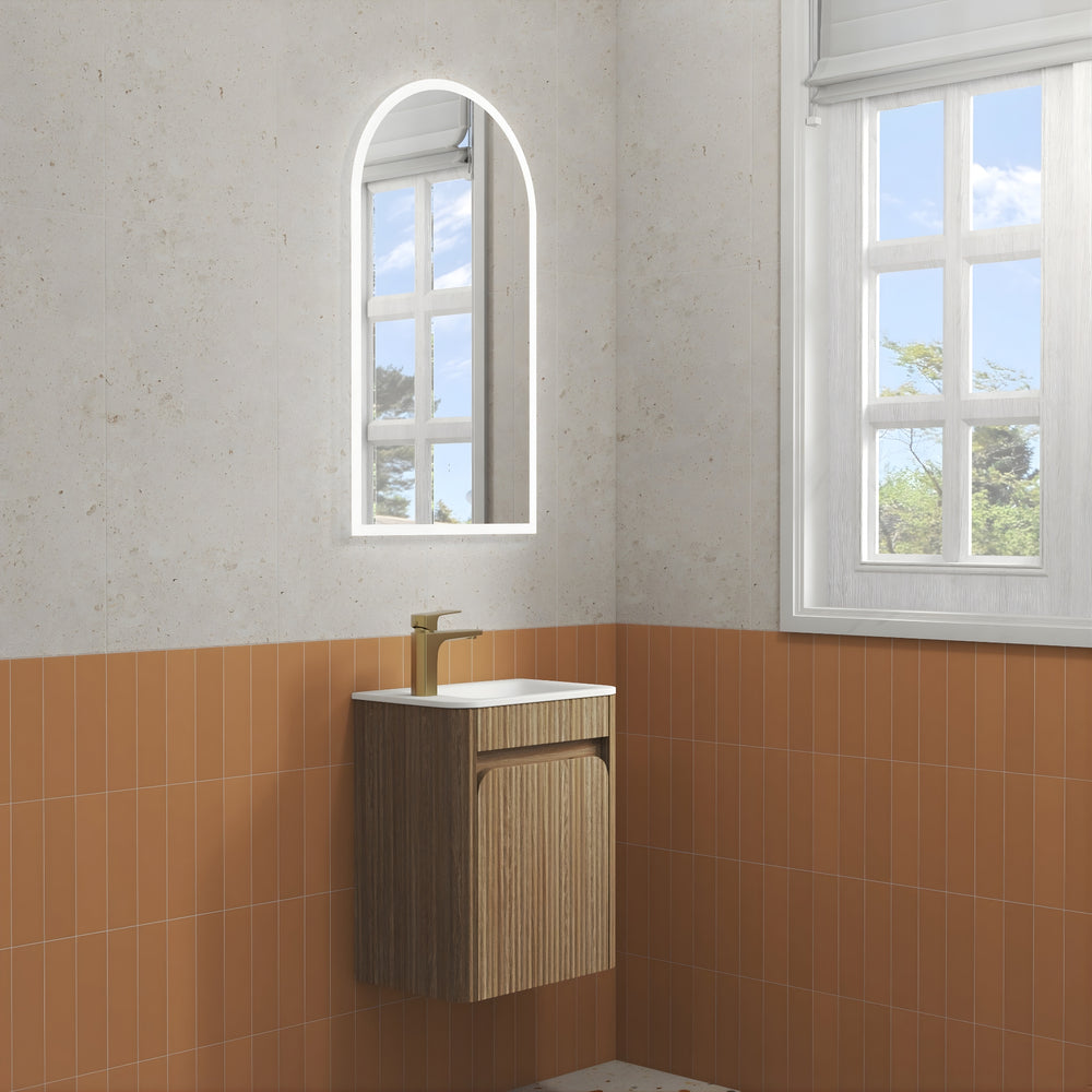 AULIC MINI HARTELLE HARVEST OAK 450MM SPACE SAVING WALL HUNG VANITY