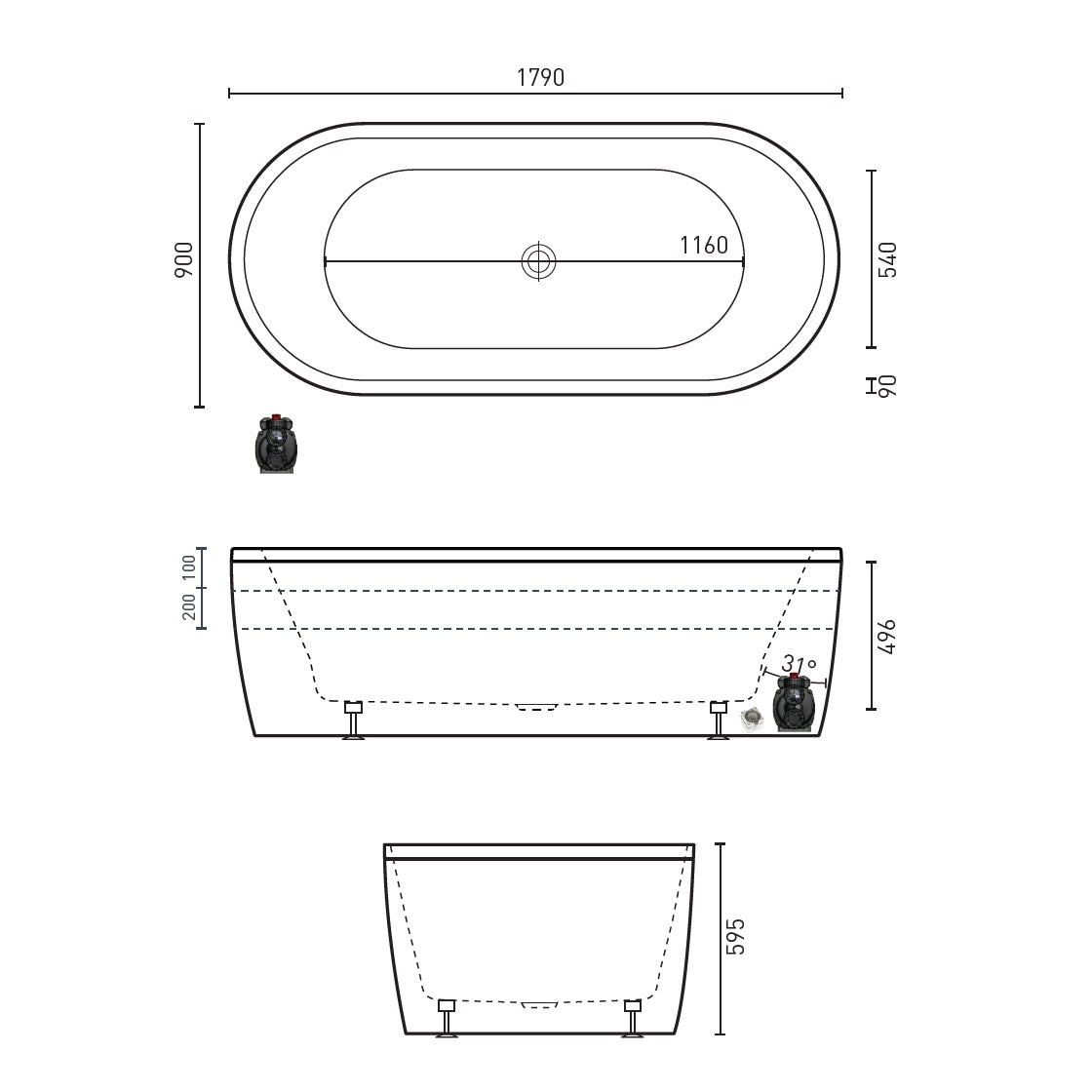 DECINA MINTORI FREESTANDING DOLCE VITA SPA BATH GLOSS WHITE 1790MM WITH 18-JETS